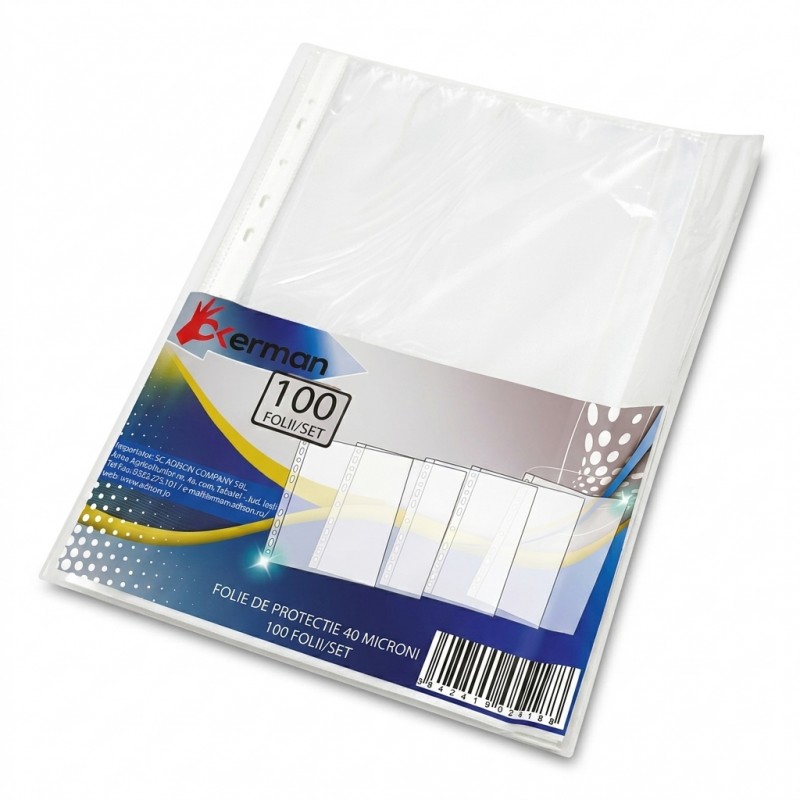 Set 100 folii protectie documente A4 transparente 40 microni Okerman